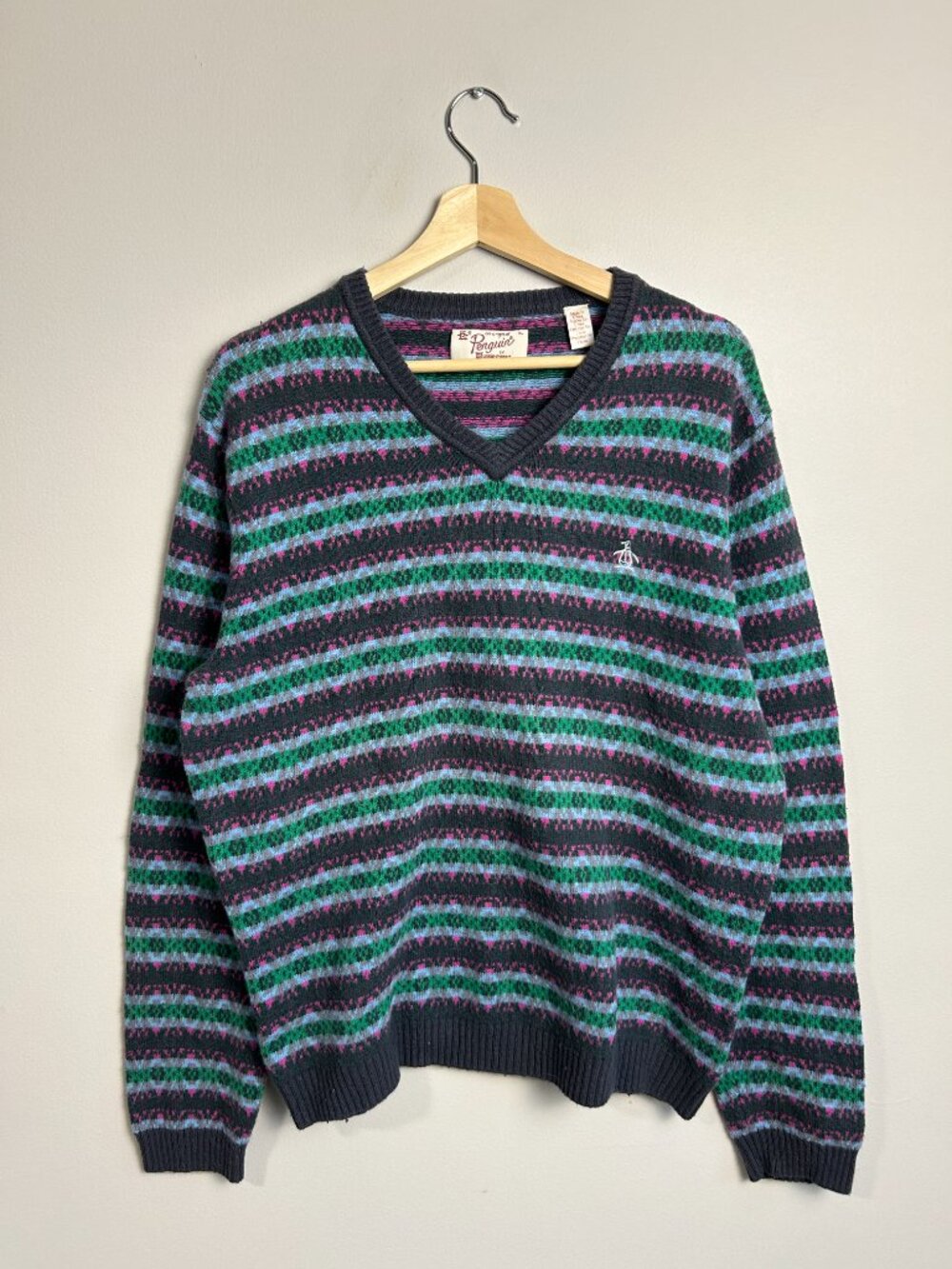Vintage Original Penguin Striped Knit Sweater | XL (Fits L) | V-Neck Grandpacore